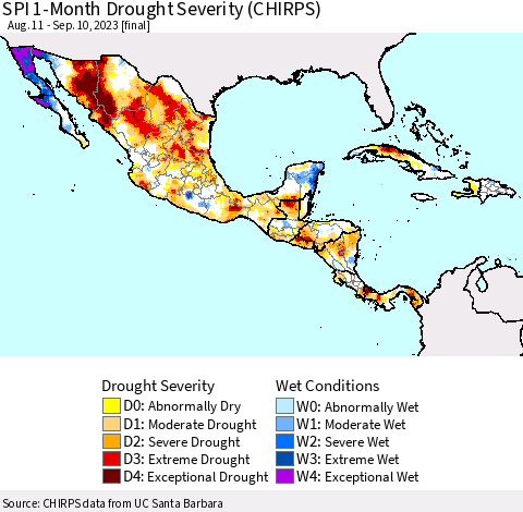Mexico Central America and the Caribbean SPI 1-Month Drought Severity (CHIRPS) Thematic Map For 8/11/2023 - 9/10/2023