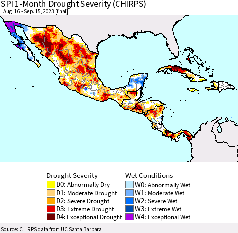Mexico Central America and the Caribbean SPI 1-Month Drought Severity (CHIRPS) Thematic Map For 8/16/2023 - 9/15/2023