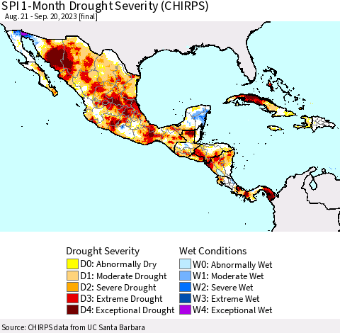Mexico Central America and the Caribbean SPI 1-Month Drought Severity (CHIRPS) Thematic Map For 8/21/2023 - 9/20/2023
