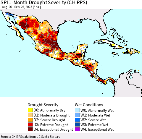 Mexico Central America and the Caribbean SPI 1-Month Drought Severity (CHIRPS) Thematic Map For 8/26/2023 - 9/25/2023