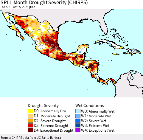 Mexico Central America and the Caribbean SPI 1-Month Drought Severity (CHIRPS) Thematic Map For 9/6/2023 - 10/5/2023
