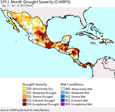 Mexico Central America and the Caribbean SPI 1-Month Drought Severity (CHIRPS) Thematic Map For 9/11/2023 - 10/10/2023