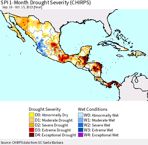 Mexico Central America and the Caribbean SPI 1-Month Drought Severity (CHIRPS) Thematic Map For 9/16/2023 - 10/15/2023