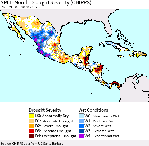 Mexico Central America and the Caribbean SPI 1-Month Drought Severity (CHIRPS) Thematic Map For 9/21/2023 - 10/20/2023