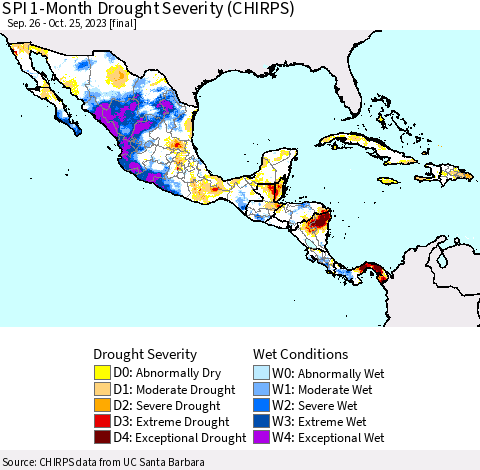 Mexico Central America and the Caribbean SPI 1-Month Drought Severity (CHIRPS) Thematic Map For 9/26/2023 - 10/25/2023