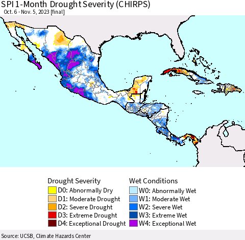 Mexico Central America and the Caribbean SPI 1-Month Drought Severity (CHIRPS) Thematic Map For 10/6/2023 - 11/5/2023