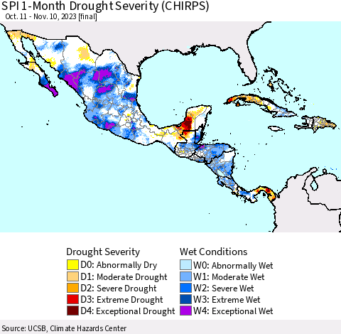 Mexico Central America and the Caribbean SPI 1-Month Drought Severity (CHIRPS) Thematic Map For 10/11/2023 - 11/10/2023