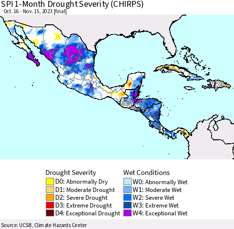 Mexico Central America and the Caribbean SPI 1-Month Drought Severity (CHIRPS) Thematic Map For 10/16/2023 - 11/15/2023