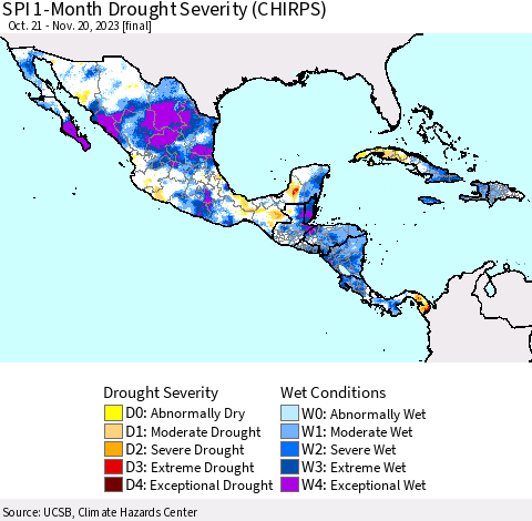 Mexico Central America and the Caribbean SPI 1-Month Drought Severity (CHIRPS) Thematic Map For 10/21/2023 - 11/20/2023