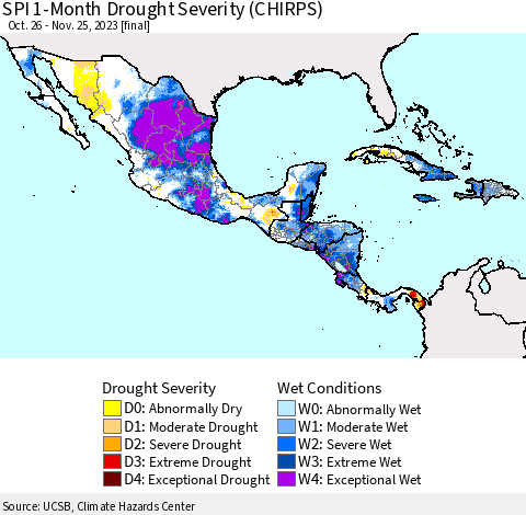 Mexico Central America and the Caribbean SPI 1-Month Drought Severity (CHIRPS) Thematic Map For 10/26/2023 - 11/25/2023