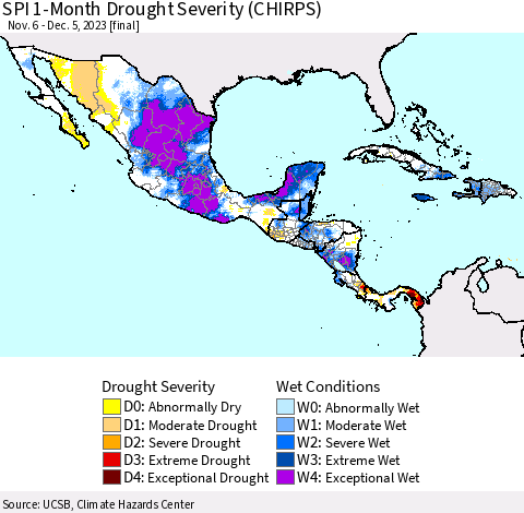 Mexico Central America and the Caribbean SPI 1-Month Drought Severity (CHIRPS) Thematic Map For 11/6/2023 - 12/5/2023