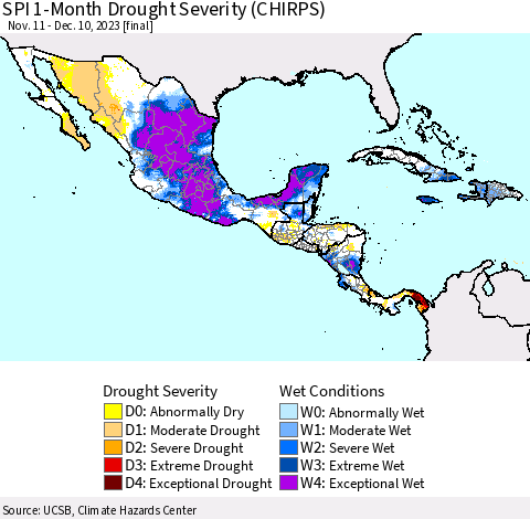 Mexico Central America and the Caribbean SPI 1-Month Drought Severity (CHIRPS) Thematic Map For 11/11/2023 - 12/10/2023