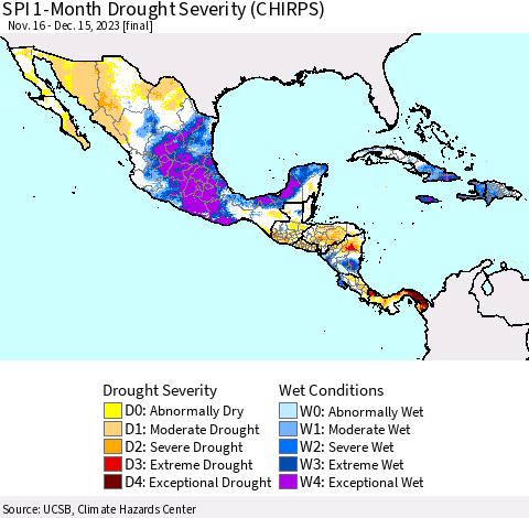 Mexico Central America and the Caribbean SPI 1-Month Drought Severity (CHIRPS) Thematic Map For 11/16/2023 - 12/15/2023