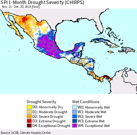 Mexico Central America and the Caribbean SPI 1-Month Drought Severity (CHIRPS) Thematic Map For 11/21/2023 - 12/20/2023