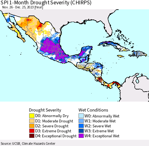 Mexico Central America and the Caribbean SPI 1-Month Drought Severity (CHIRPS) Thematic Map For 11/26/2023 - 12/25/2023