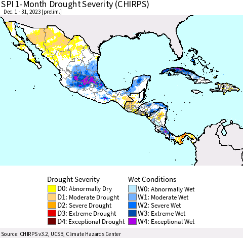 Mexico Central America and the Caribbean SPI 1-Month Drought Severity (CHIRPS) Thematic Map For 12/1/2023 - 12/31/2023