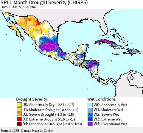Mexico Central America and the Caribbean SPI 1-Month Drought Severity (CHIRPS) Thematic Map For 12/6/2023 - 1/5/2024
