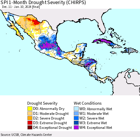 Mexico Central America and the Caribbean SPI 1-Month Drought Severity (CHIRPS) Thematic Map For 12/11/2023 - 1/10/2024