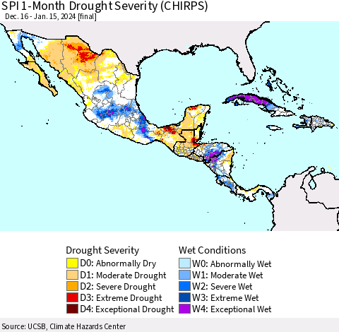 Mexico Central America and the Caribbean SPI 1-Month Drought Severity (CHIRPS) Thematic Map For 12/16/2023 - 1/15/2024