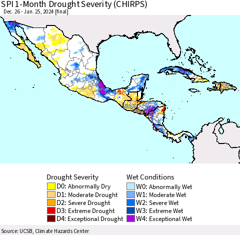 Mexico Central America and the Caribbean SPI 1-Month Drought Severity (CHIRPS) Thematic Map For 12/26/2023 - 1/25/2024