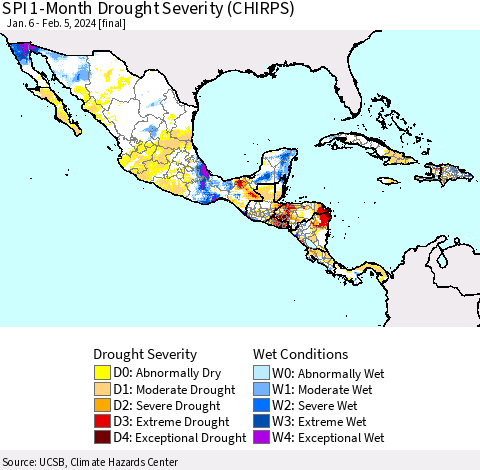 Mexico Central America and the Caribbean SPI 1-Month Drought Severity (CHIRPS) Thematic Map For 1/6/2024 - 2/5/2024