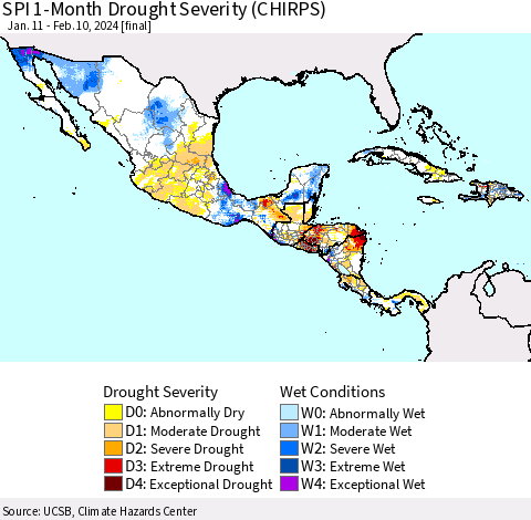 Mexico Central America and the Caribbean SPI 1-Month Drought Severity (CHIRPS) Thematic Map For 1/11/2024 - 2/10/2024