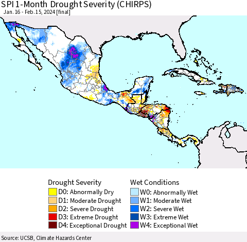 Mexico Central America and the Caribbean SPI 1-Month Drought Severity (CHIRPS) Thematic Map For 1/16/2024 - 2/15/2024