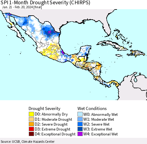 Mexico Central America and the Caribbean SPI 1-Month Drought Severity (CHIRPS) Thematic Map For 1/21/2024 - 2/20/2024