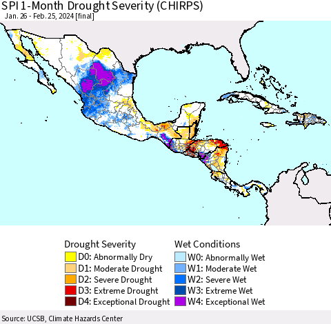 Mexico Central America and the Caribbean SPI 1-Month Drought Severity (CHIRPS) Thematic Map For 1/26/2024 - 2/25/2024