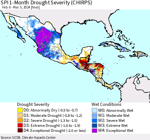 Mexico Central America and the Caribbean SPI 1-Month Drought Severity (CHIRPS) Thematic Map For 2/6/2024 - 3/5/2024