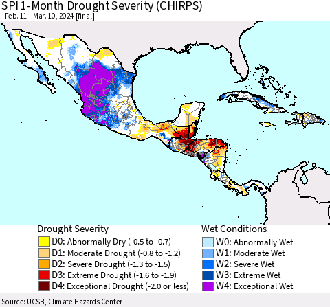 Mexico Central America and the Caribbean SPI 1-Month Drought Severity (CHIRPS) Thematic Map For 2/11/2024 - 3/10/2024