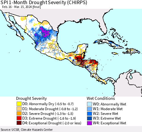 Mexico Central America and the Caribbean SPI 1-Month Drought Severity (CHIRPS) Thematic Map For 2/16/2024 - 3/15/2024