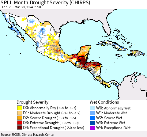 Mexico Central America and the Caribbean SPI 1-Month Drought Severity (CHIRPS) Thematic Map For 2/21/2024 - 3/20/2024