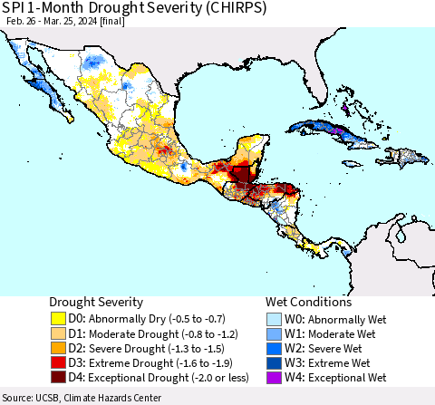 Mexico Central America and the Caribbean SPI 1-Month Drought Severity (CHIRPS) Thematic Map For 2/26/2024 - 3/25/2024