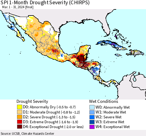 Mexico Central America and the Caribbean SPI 1-Month Drought Severity (CHIRPS) Thematic Map For 3/1/2024 - 3/31/2024