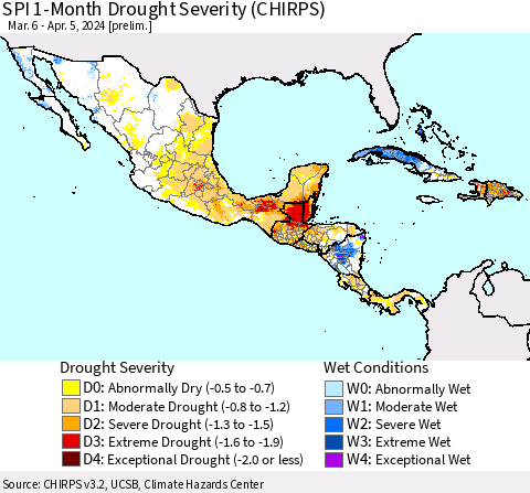 Mexico Central America and the Caribbean SPI 1-Month Drought Severity (CHIRPS) Thematic Map For 3/6/2024 - 4/5/2024