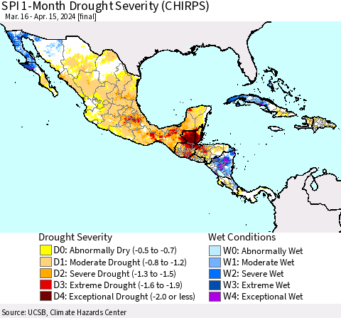 Mexico Central America and the Caribbean SPI 1-Month Drought Severity (CHIRPS) Thematic Map For 3/16/2024 - 4/15/2024