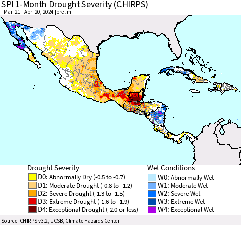 Mexico Central America and the Caribbean SPI 1-Month Drought Severity (CHIRPS) Thematic Map For 3/21/2024 - 4/20/2024