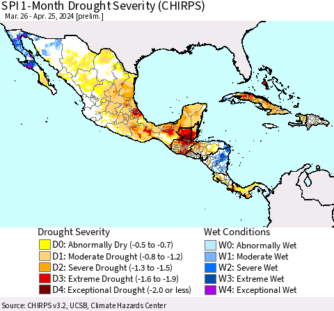 Mexico Central America and the Caribbean SPI 1-Month Drought Severity (CHIRPS) Thematic Map For 3/26/2024 - 4/25/2024