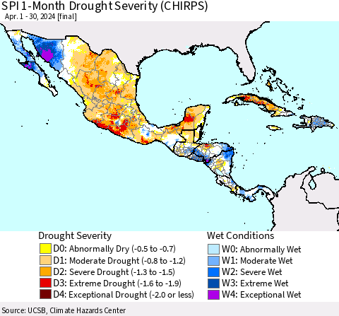 Mexico Central America and the Caribbean SPI 1-Month Drought Severity (CHIRPS) Thematic Map For 4/1/2024 - 4/30/2024