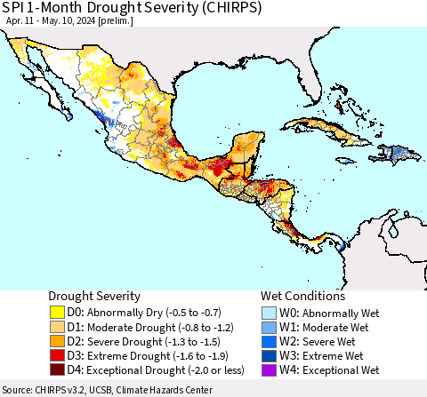 Mexico Central America and the Caribbean SPI 1-Month Drought Severity (CHIRPS) Thematic Map For 4/11/2024 - 5/10/2024