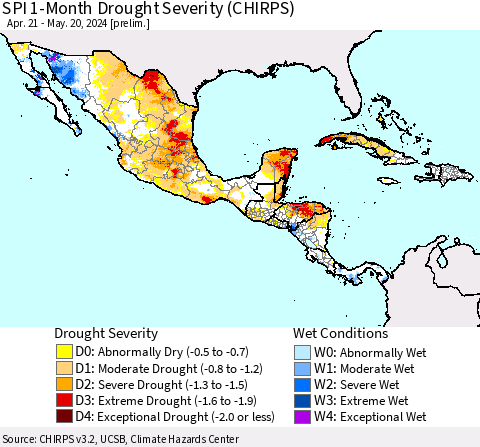 Mexico Central America and the Caribbean SPI 1-Month Drought Severity (CHIRPS) Thematic Map For 4/21/2024 - 5/20/2024