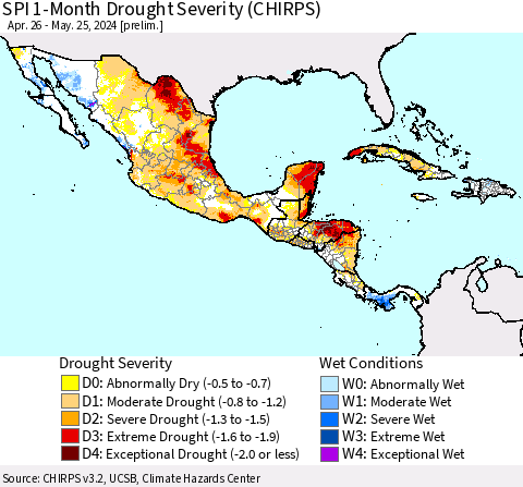 Mexico Central America and the Caribbean SPI 1-Month Drought Severity (CHIRPS) Thematic Map For 4/26/2024 - 5/25/2024