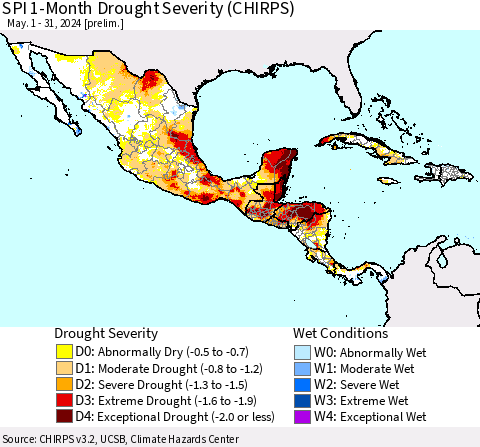 Mexico Central America and the Caribbean SPI 1-Month Drought Severity (CHIRPS) Thematic Map For 5/1/2024 - 5/31/2024