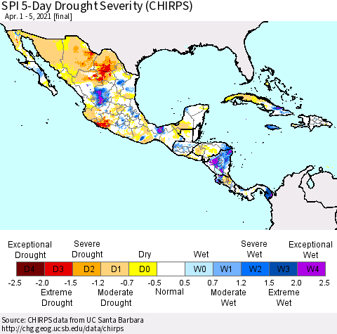 Mexico Central America and the Caribbean SPI 5-Day Drought Severity (CHIRPS) Thematic Map For 4/1/2021 - 4/5/2021