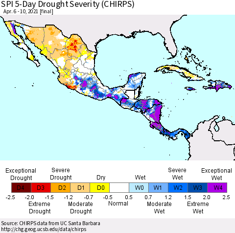 Mexico Central America and the Caribbean SPI 5-Day Drought Severity (CHIRPS) Thematic Map For 4/6/2021 - 4/10/2021
