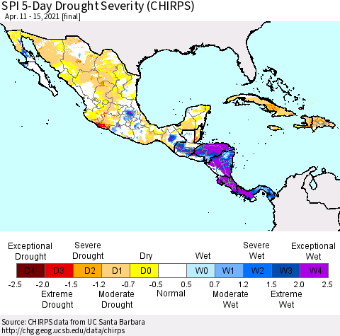 Mexico Central America and the Caribbean SPI 5-Day Drought Severity (CHIRPS) Thematic Map For 4/11/2021 - 4/15/2021