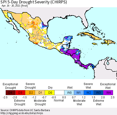 Mexico Central America and the Caribbean SPI 5-Day Drought Severity (CHIRPS) Thematic Map For 4/16/2021 - 4/20/2021