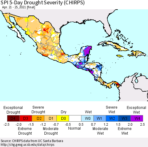 Mexico Central America and the Caribbean SPI 5-Day Drought Severity (CHIRPS) Thematic Map For 4/21/2021 - 4/25/2021