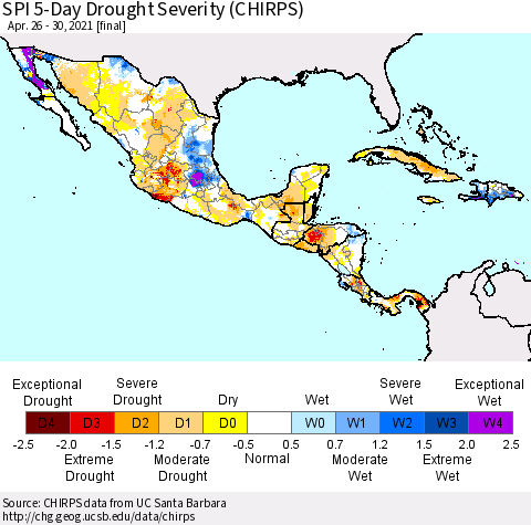 Mexico Central America and the Caribbean SPI 5-Day Drought Severity (CHIRPS) Thematic Map For 4/26/2021 - 4/30/2021
